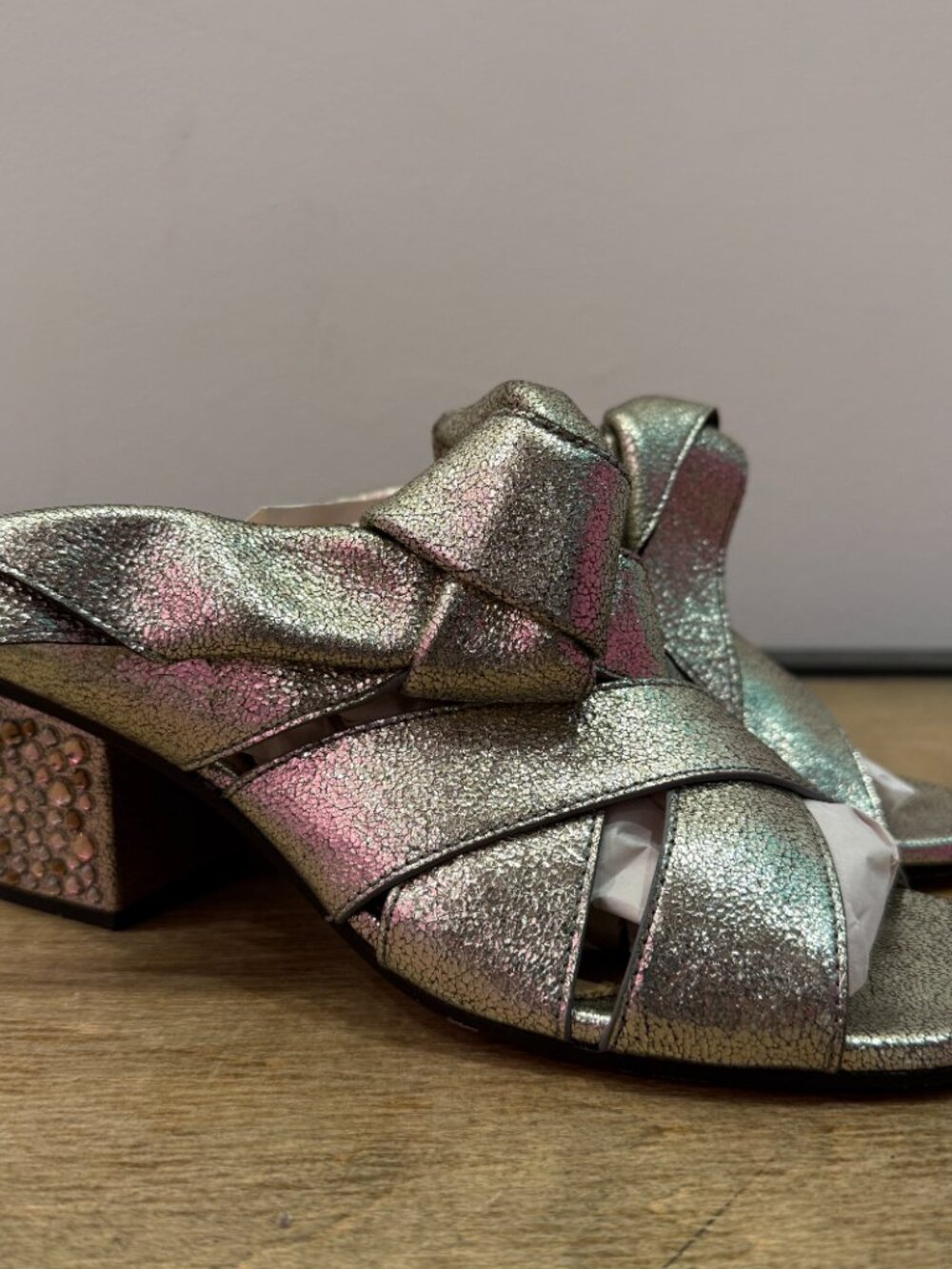 Chloe Silver Metallic Leather Rhinestone Crystal Block Heel Mule Slides 38.5 - Picture 13 of 14